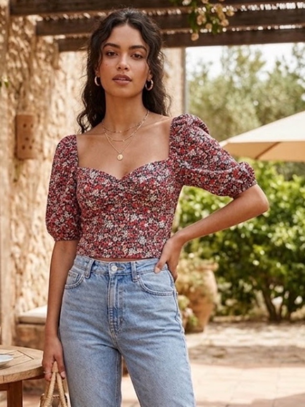 DO+BE Tiny Floral Puffy Short Sleeve Sweetheart Smocked Cropped Top